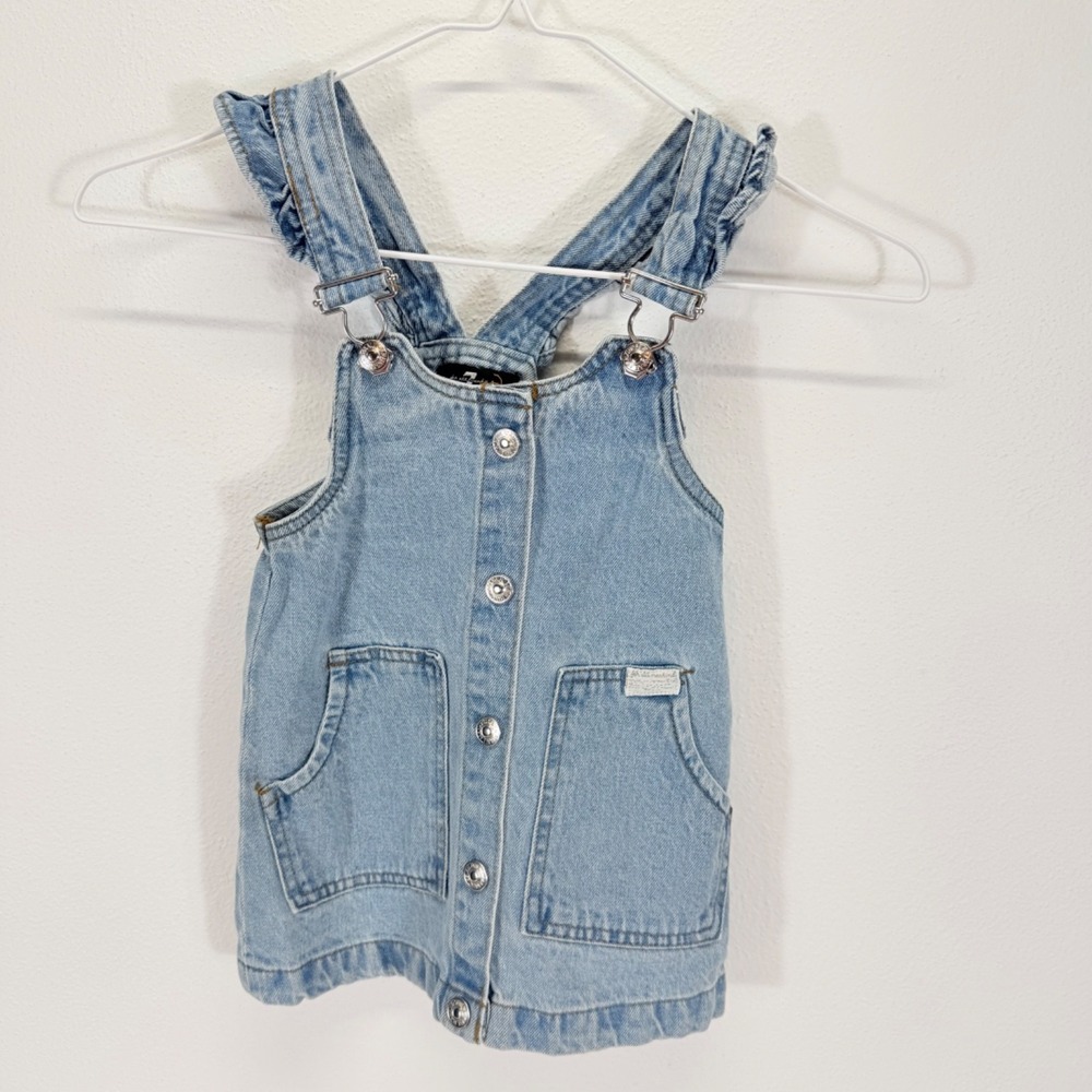 7 For All Mankind 100% Cotton Ruffle Strap Bib Overall Denim Dress Size 24 Month